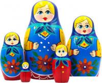 Развивающая игра Брестская Матрешка В синем платке и платье-сарафане с красными цветами (набор 5 шт)