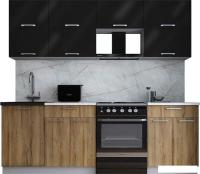 Готовая кухня Интерлиния Мила Gloss 60-23 (черный глянец/дуб вотан/травертин серый)