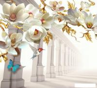 Фотообои ФабрикаФресок 3D Абстракция. Золотые Цветы. Бабочки и Колонны 1023270 (300x270)