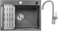 Кухонная мойка Saniteco 6045 Nano + Spike F9S07011 (сатин, с сифоном, дозатором и коландером)