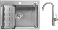 Кухонная мойка Saniteco 6045 + Spike F9S07011 (сатин, с сифоном, дозатором и коландером)