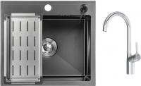 Кухонная мойка Saniteco 5045 Nano + Spike F9S07000 (хром, с сифоном, дозатором и коландером)