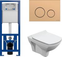 Унитаз подвесной Cersanit Carina New Clean On с инстал. Link Pro (с кнопкой Twins 63524 золото матов