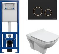 Унитаз подвесной Cersanit Carina New Clean On с инстал. Link Pro (с кнопкой Twins 63534 черный/золот