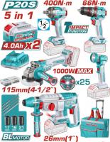 Total TCKLI20592 (шуруповерт, гайковерт, перфоратор, болгарка, фонарь, 2 АКБ, сумка)