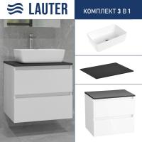 Lauter Тумба под умывальник Mia 60 + 21674A (белый глянец + столешница текстура камня, черный Mia 60