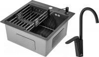 Кухонная мойка Saniteco 4848 Nano + Arc (с сифоном, дозатором и коландером)
