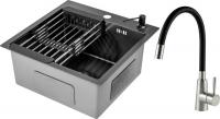 Кухонная мойка Saniteco 4848 Nano + Essence 21EC-B (с сифоном, дозатором и коландером)