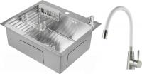 Кухонная мойка Saniteco 6050 + Essence 21EC-W (с сифоном, дозатором и коландером)
