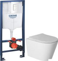 Унитаз подвесной Saniteco Rimless R-201W + GROHE Rapid SL 38772SH0 (с кнопкой белый глянец)