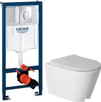 Унитаз подвесной Saniteco Rimless R-201W + GROHE Rapid SL 38721001 (с кнопкой хром глянец)