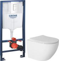 Унитаз подвесной Saniteco Rimless R-203 + GROHE Rapid SL 38772SH0 (с кнопкой белый глянец)