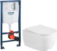 Унитаз подвесной Saniteco Rimless R-209W + GROHE Rapid SL 38772001 (с кнопкой хром)
