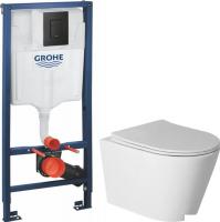 Унитаз подвесной Saniteco Rimless R-201W + GROHE Solido 38811KF0 (с кнопкой черный матовый)