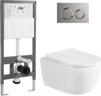 Унитаз подвесной Saniteco Rimless R-209W + 501 + K01-PGR (с кнопкой, платиново-серый)