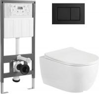 Унитаз подвесной Saniteco Rimless R-209W + 501 + K03-SB (с кнопкой, черный)