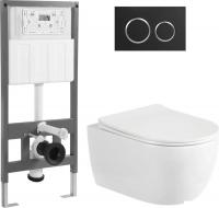 Унитаз подвесной Saniteco Rimless R-209W + 501 + K01-B (с кнопкой, черный)
