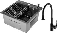 Кухонная мойка Saniteco 4848 Nano + HB73825-7 (с сифоном, дозатором и коландером)