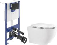 Унитаз подвесной Saniteco Rimless R-203M + Villeroy & Boch 92122870 921228AN (кнопка черная)