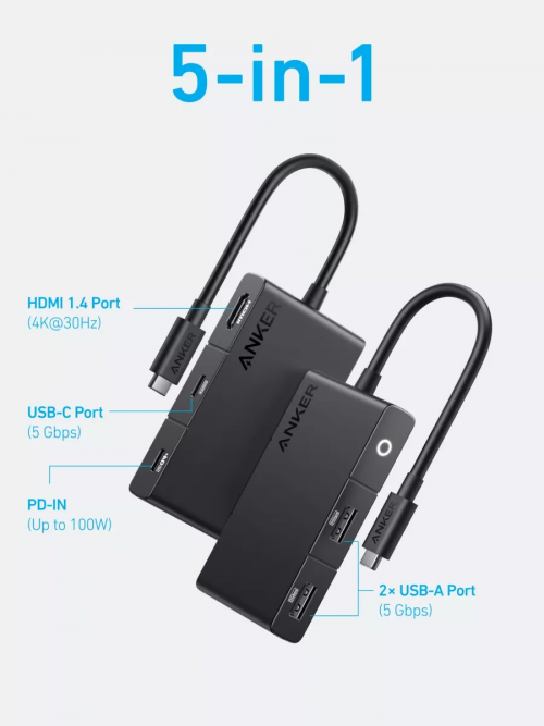 Хаб USB Anker A8356 5-in-1 USB-C/HDMI ANK-A8356G11-BK. Фото 1 в описании