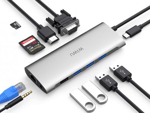 Хаб USB Wiwu Alpha 11 in 1 Type-C - 3xUSB 3.0 / USB 2.0 / Type C / RJ45 / HDMI / VGA / AUX 3.35mm Silver 6957815512522. Фото 2 в описании
