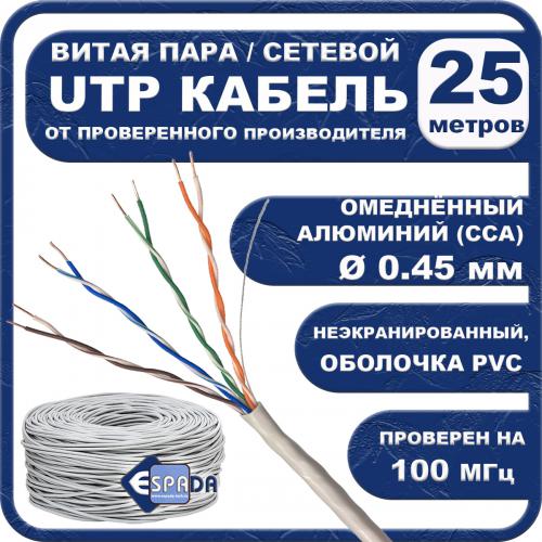 Сетевой кабель Espada UTP cat.5e 25m E-045CCA/25. Фото 1 в описании